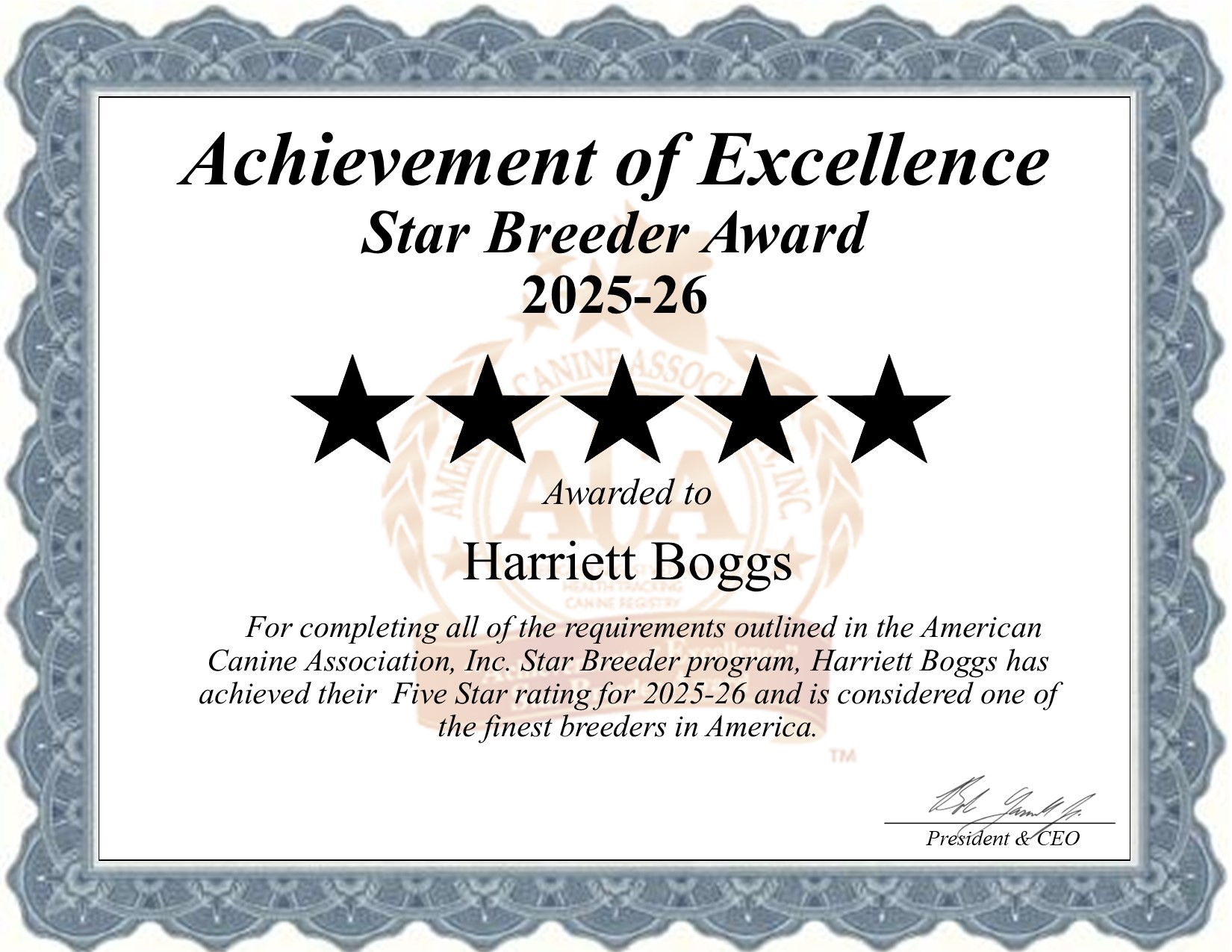 Harriett, Boggs, dog, breeder, star, certificate, Harriett-Boggs, Niangua, MO, Missouri, puppy, dog, kennels, mill, puppymill, usda, 5-star, aca, ica, registered, English Bulldog